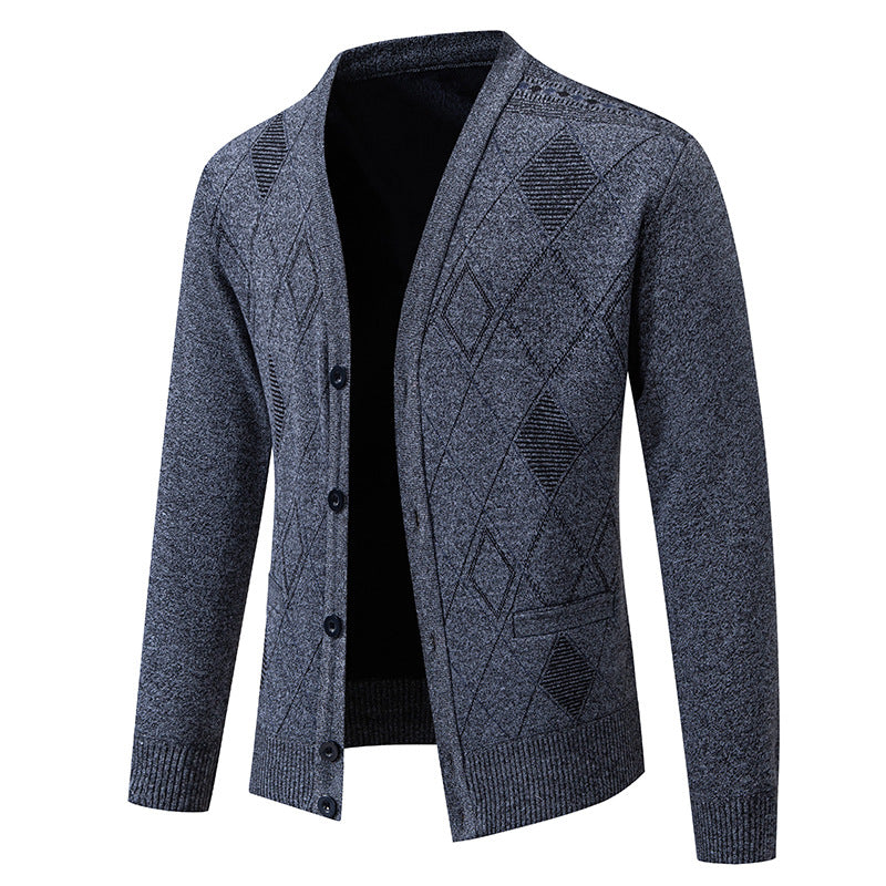 Herren Feinstrick-Cardigan mit Rautenmuster, Knopfleiste und Eingrifftaschen Drune
