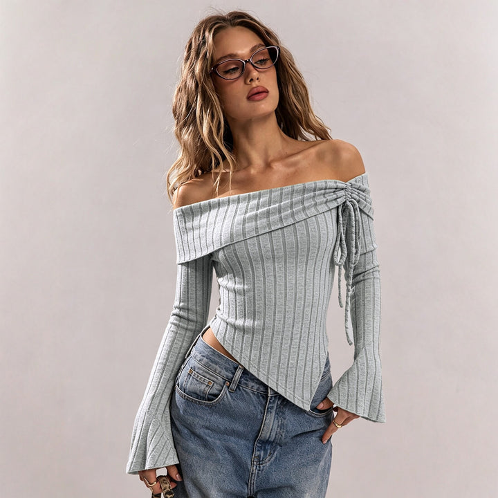 Damen schulterfreies geripptes Strick-Top mit asymmetrischem Zipfelsaum und Schnürdetail Drune