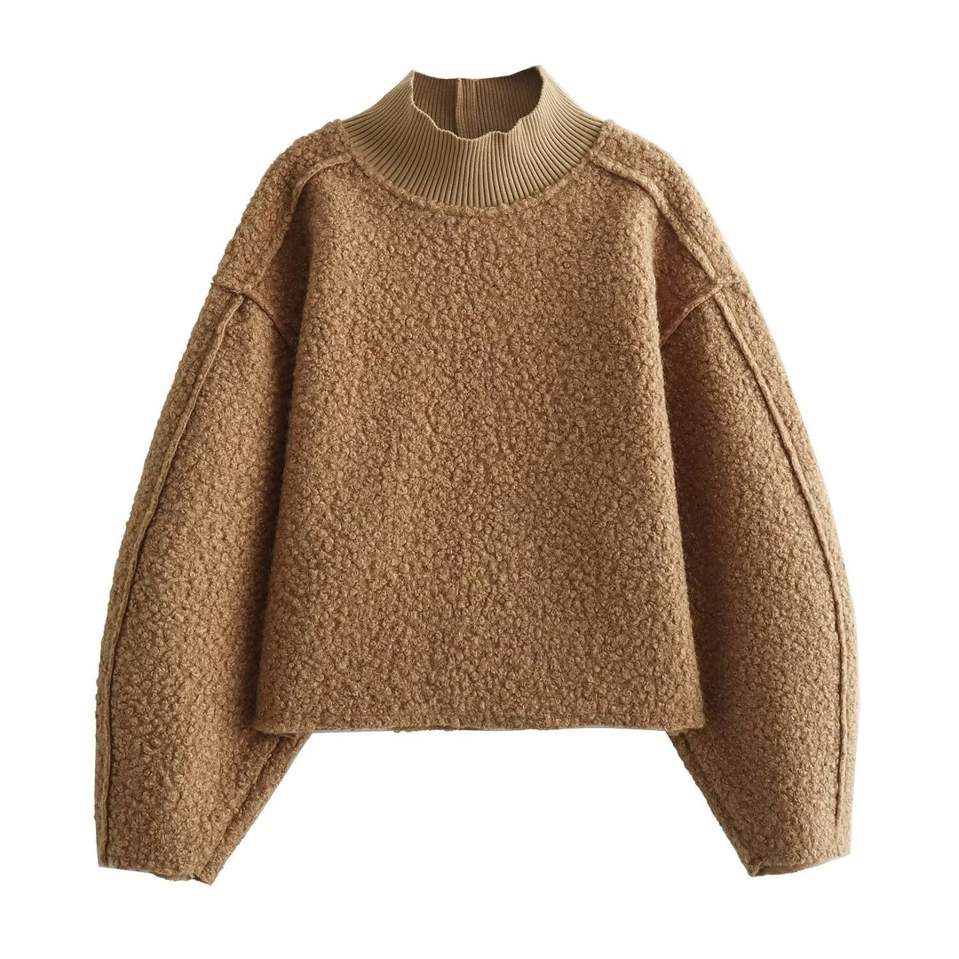 Damen Oversize Cropped Pullover mit Stehkragen und Ballonärmeln Drune