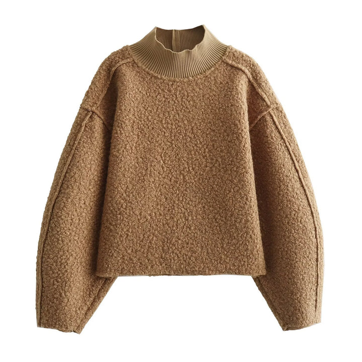 Damen Oversize Cropped Pullover mit Stehkragen und Ballonärmeln Drune