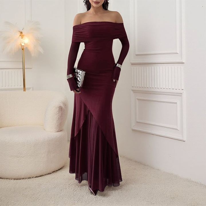 Damen elegantes schulterfreies Maxikleid mit raffiniertem Rüschenoberteil und asymmetrischem Saum Drune