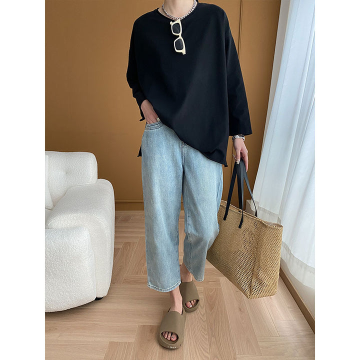 Damen lässiges Langarmshirt mit geradem Schnitt und feinem V-Ausschnitt Drune
