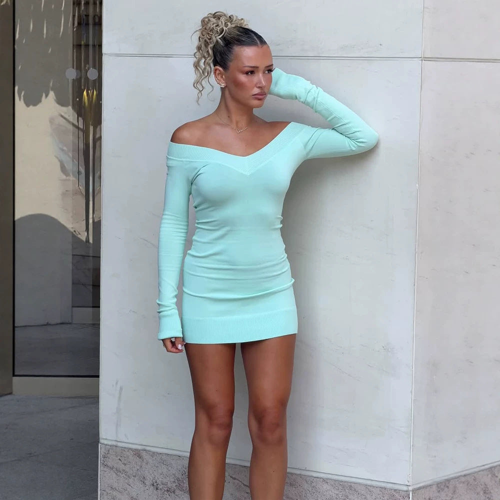 Damen Figurbetontes Off-Shoulder Strick-Minikleid mit V-Ausschnitt und langen Ärmeln Drune