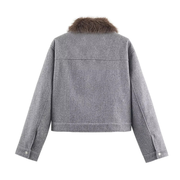 Damen nan kurzer Wollblouson mit abnehmbarem Kunstfellkragen, Brustklappen und verdeckter Druckknopfleiste Drune