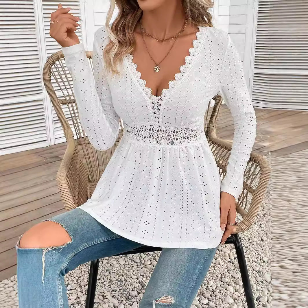 Damen nan romantische Broderie-Anglaise Tunika mit Taillen-Spitzenband und V-Ausschnitt Drune