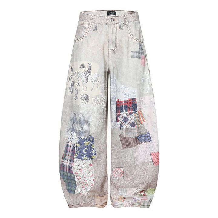 Damen Weite High‑Waist Culotte-Jeans mit Patchwork-Print und Balloon-Silhouette Drune