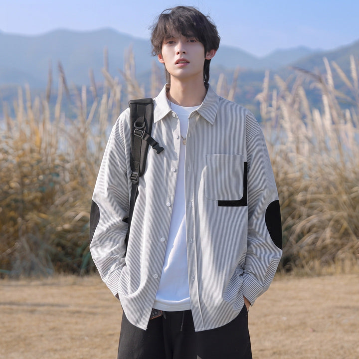 Herren Oversize-Hemd mit feinem Nadelstreifen, Kontrasttasche und Ellbogen-Patches Drune