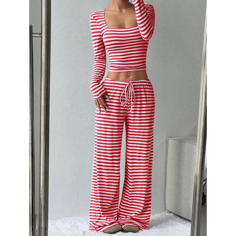 Damen Gestreifter Lounge-Zweiteiler mit weitem Bein und Cropped Langarmtop Drune