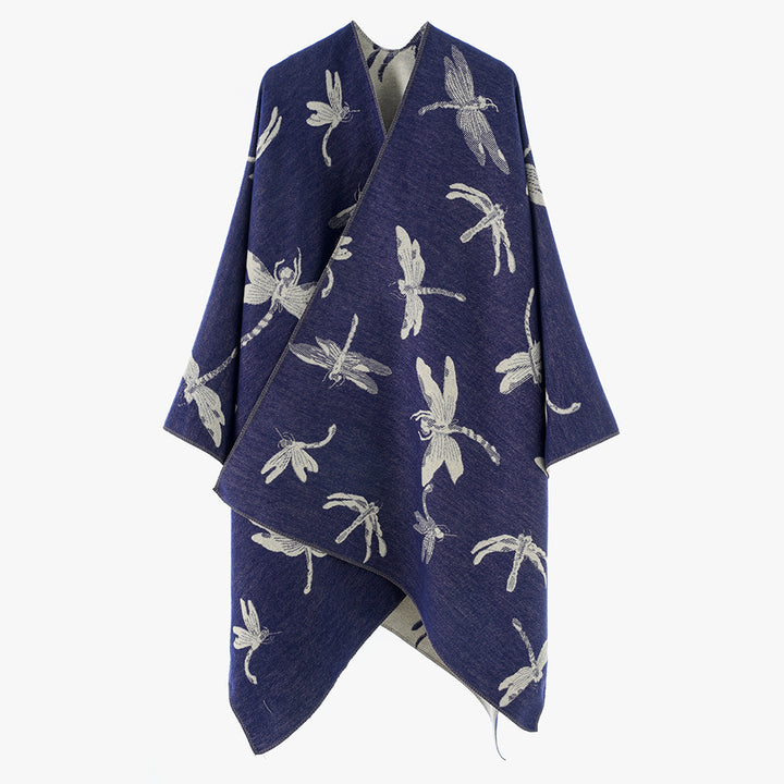 Damen Oversize-Cape aus feinem Jaquardstrick mit Libellenmotiv und reversibler Wolloptik Drune