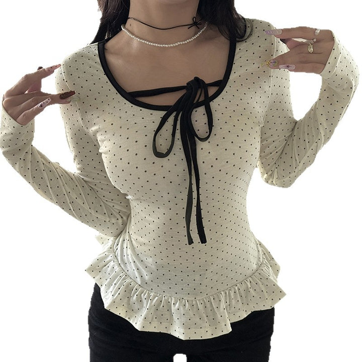Damen nan tailliertes Longsleeve mit Rüschensaum, Tunnelzug und feinem Punktmuster Drune