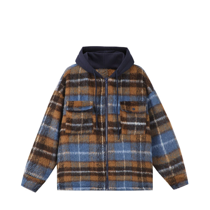 Unisex Kurz geschnittener kariertes Fellimitat-Blouson mit Kapuze und Reißverschluss Drune