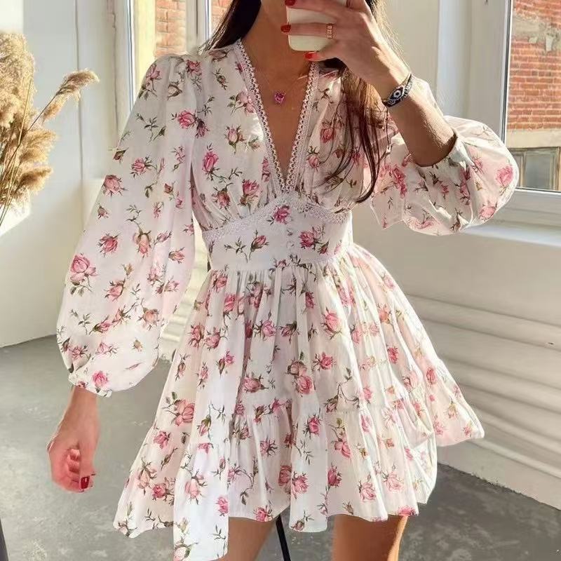 Damen Boho-florales Minikleid mit V-Ausschnitt und Puffärmeln Drune