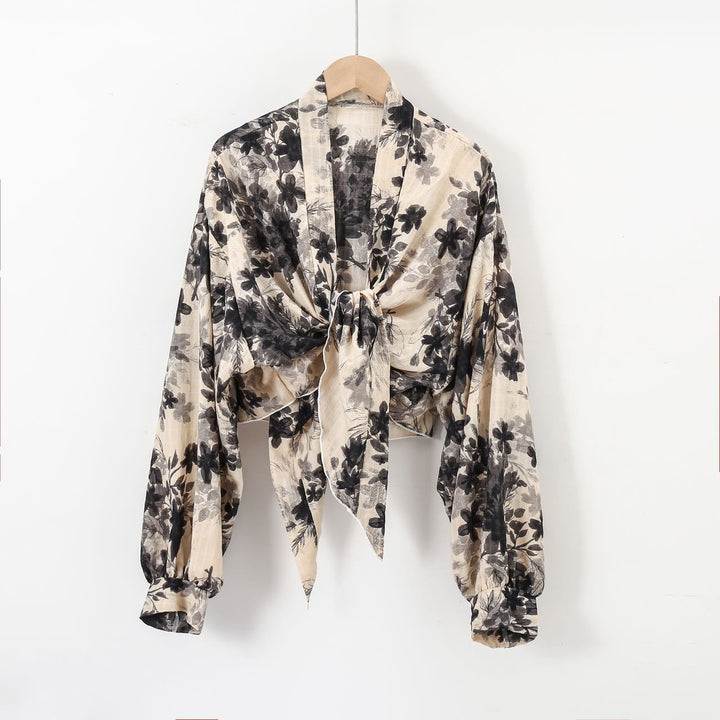 Damen nan florale Knoten-Bluse im Wickelstil mit Ballonärmeln und leichter Leinenoptik Drune