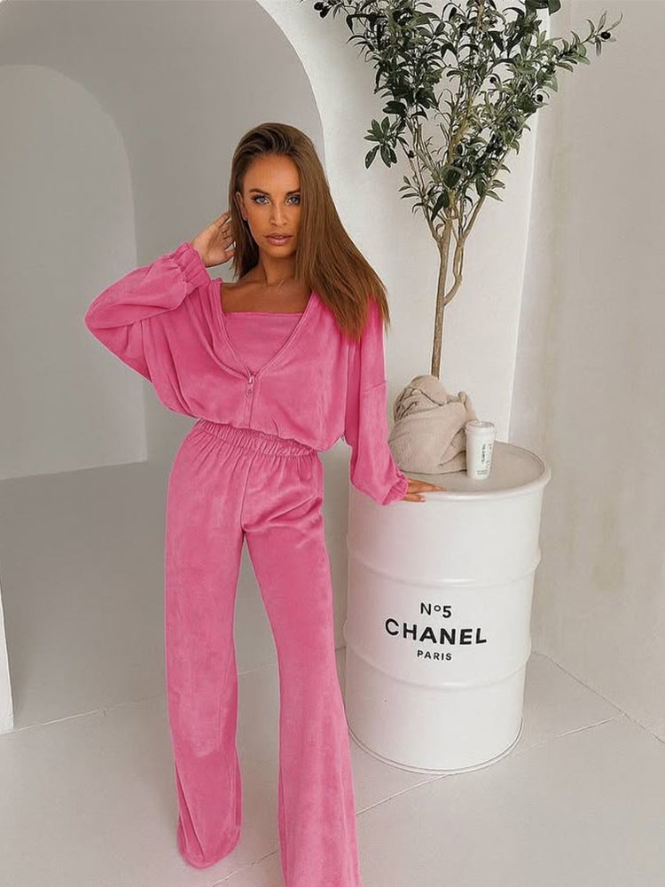 Damen Elegantes Fleece-Loungewear-Set mit weitem Oberteil und bequemen Hosen Drune