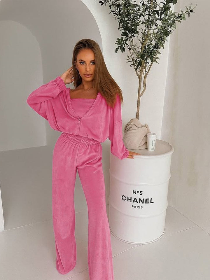 Damen Elegantes Fleece-Loungewear-Set mit weitem Oberteil und bequemen Hosen Drune