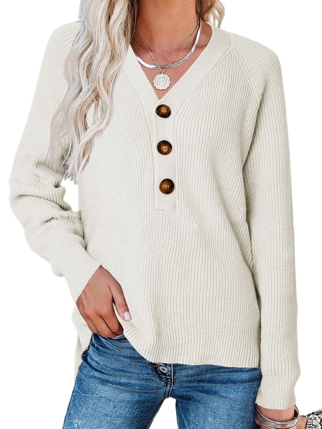 Damen Kaschmir Pullover mit V-Ausschnitt und großen Holzknöpfen Drune