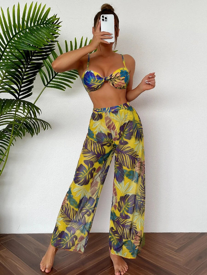 Damen Badeset mit floralem Design und lockeren Palazzohosen Drune