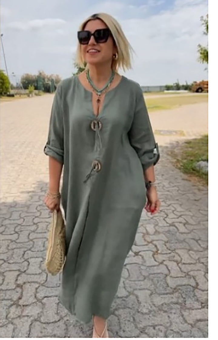 Damen Lange Leinen Look Kaftan Kleid mit Holerring Dekorbändchen und Roll-Up Drei-Viertel Ärmeln Drune