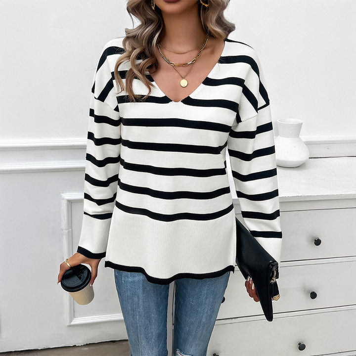 Damen nan gestreifter V‑Neck Feinstrickpullover mit verlängertem Tunika‑Schnitt und geripptem Saum Drune