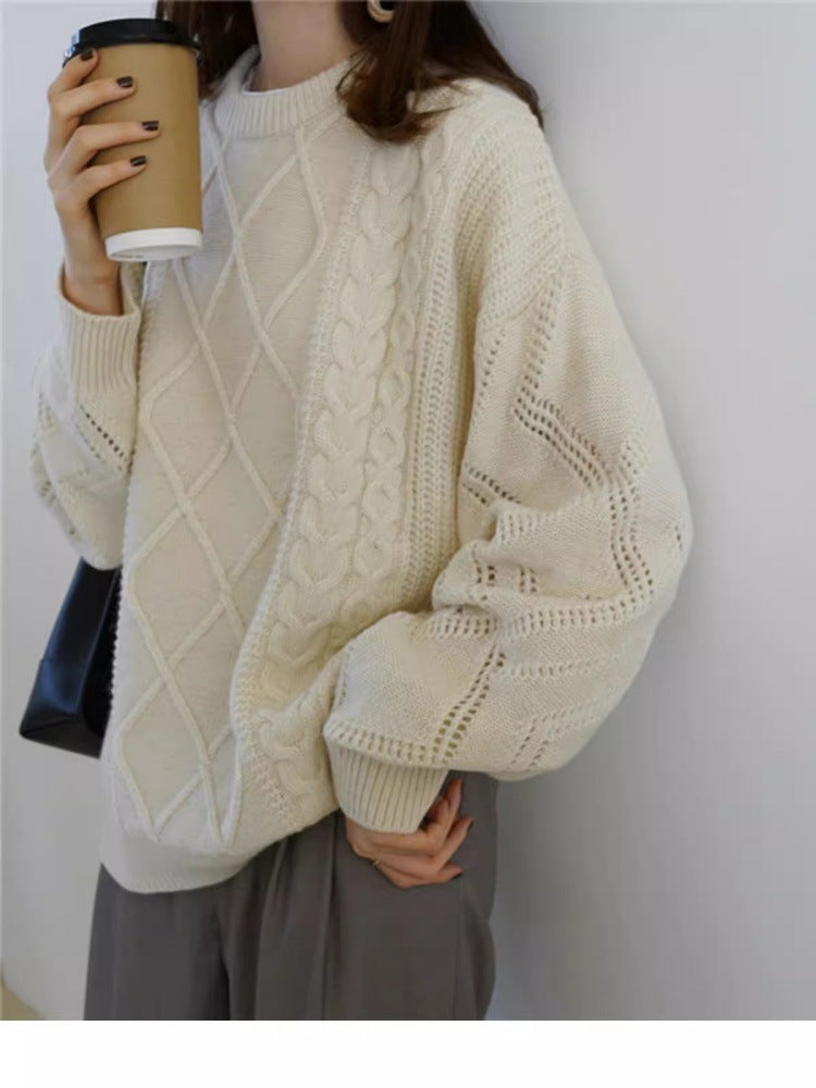 Damen Oversize Zopfmuster-Strickpullover mit Ajour‑Details und geripptem Saum Drune