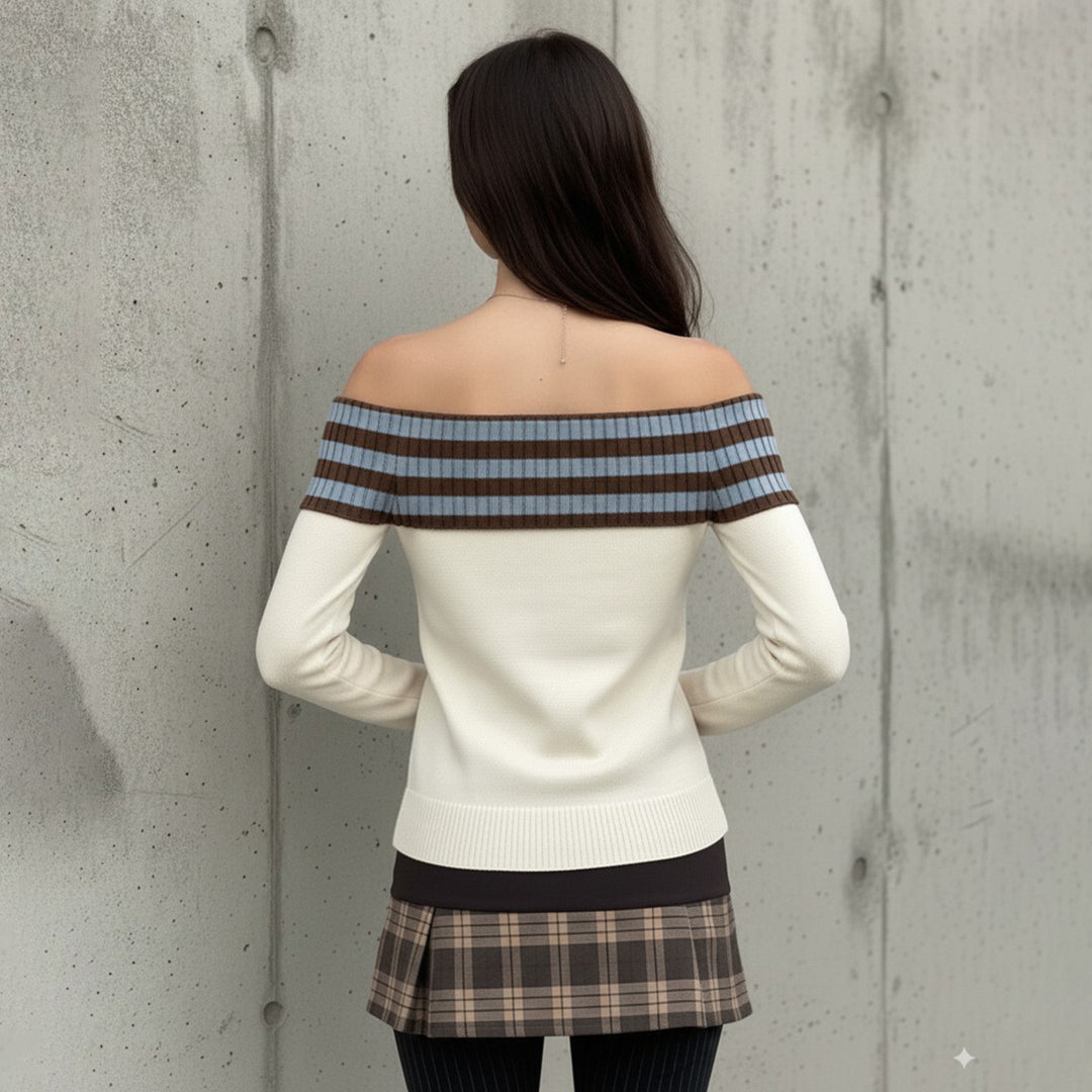 Damen Schulterfreier Feinstrick-Pullover mit Umschlagkragen und Stern-Applikation Drune