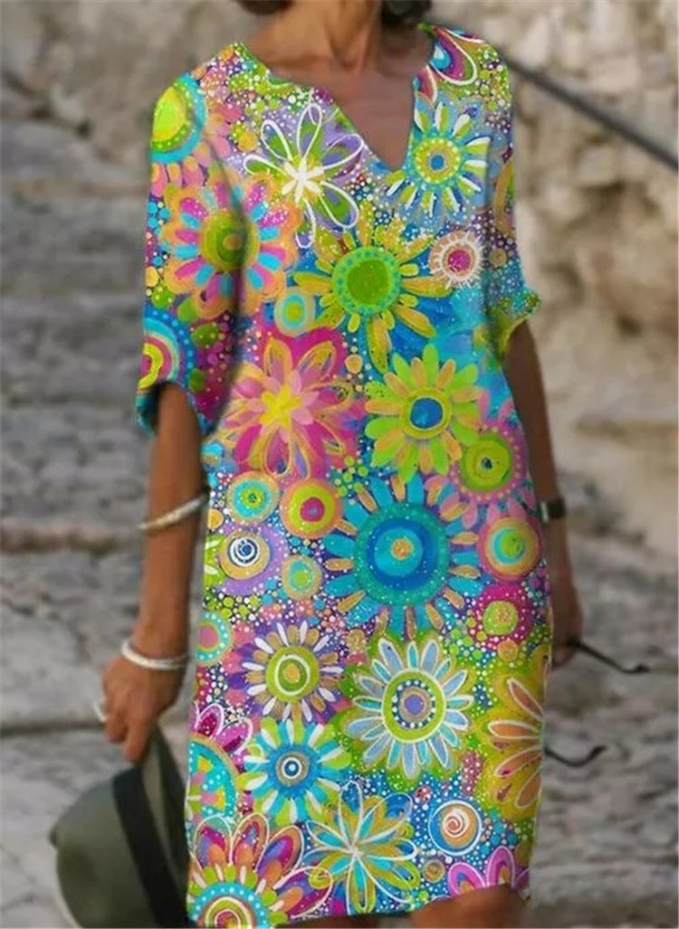 Damen lässiges Freizeitkleid mit floralen Mustern und V-Ausschnitt Drune