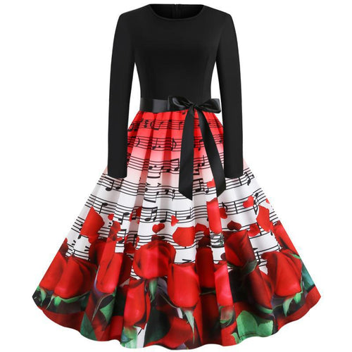 Damen tailliertes A-Linien Kleid mit Noten- und Rosenprint Langarm und Taillenschleife Drune
