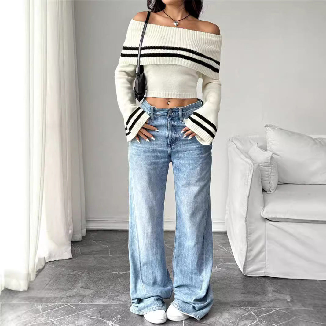 Damen Off-Shoulder Crop-Pullover mit lässigen Streifen Drune