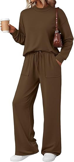 Damen Loungewear-Zweiteiler aus weichem Jersey mit Rundhalsausschnitt und weitem Kordelzug-Hose Drune