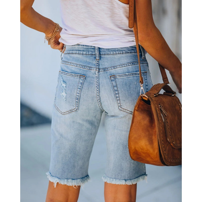 Damen Destroyed Denim Shorts im lässigen Schnitt mit fransigen Säumen Drune