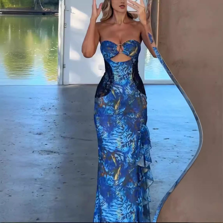 Damen Exquisites Maxikleid mit raffiniertem Cut-Out und elegantem Rüschendesign Drune