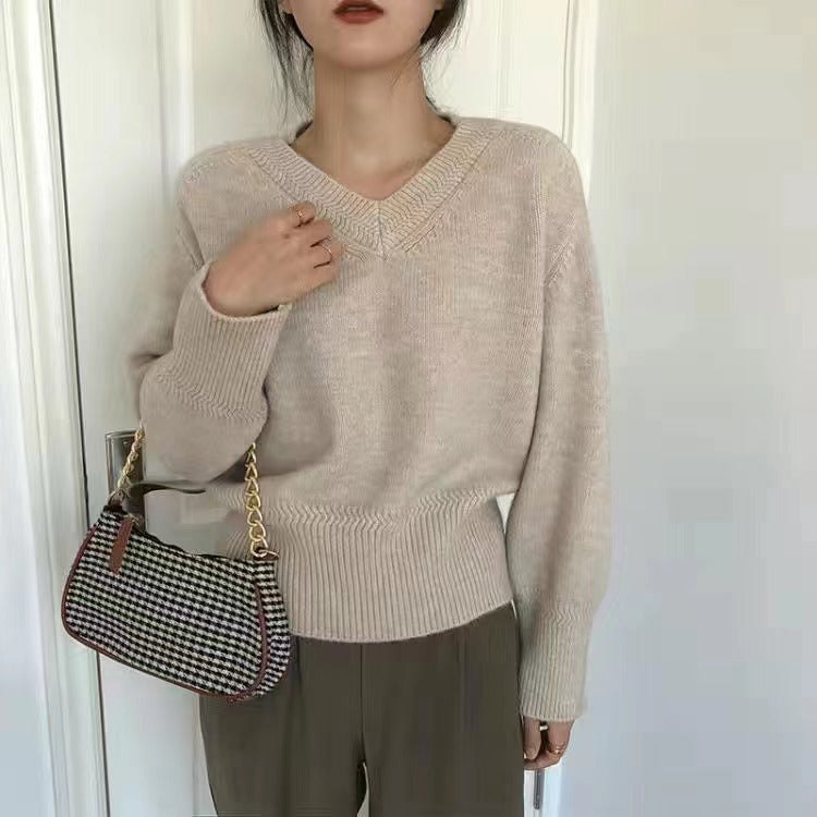 Damen V-Ausschnitt Pullover mit weitem Bündchen Drune