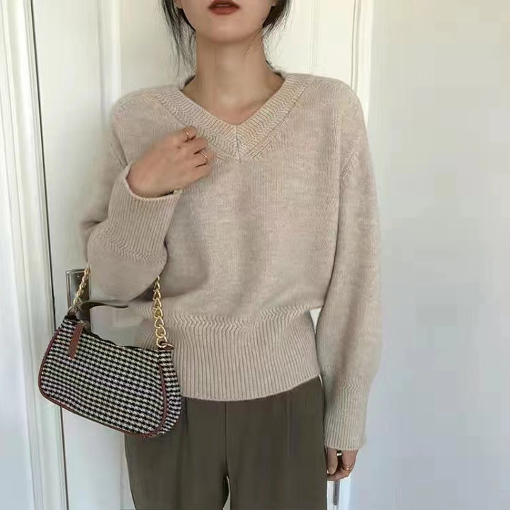 Damen V-Ausschnitt Pullover mit weitem Bündchen Drune
