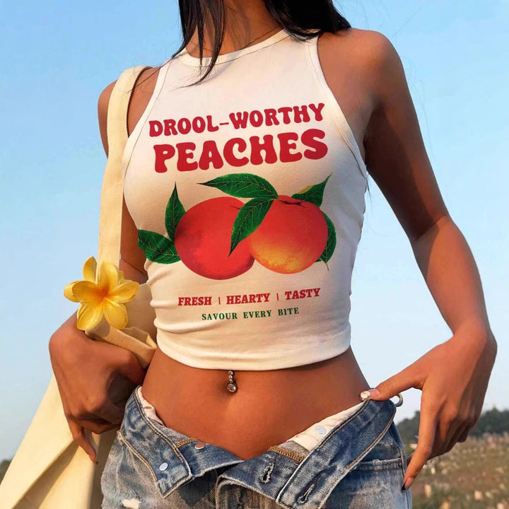 Damen ärmelloses Crop-Top mit fruchtigem Grafikdruck und lässigem Schnitt Drune