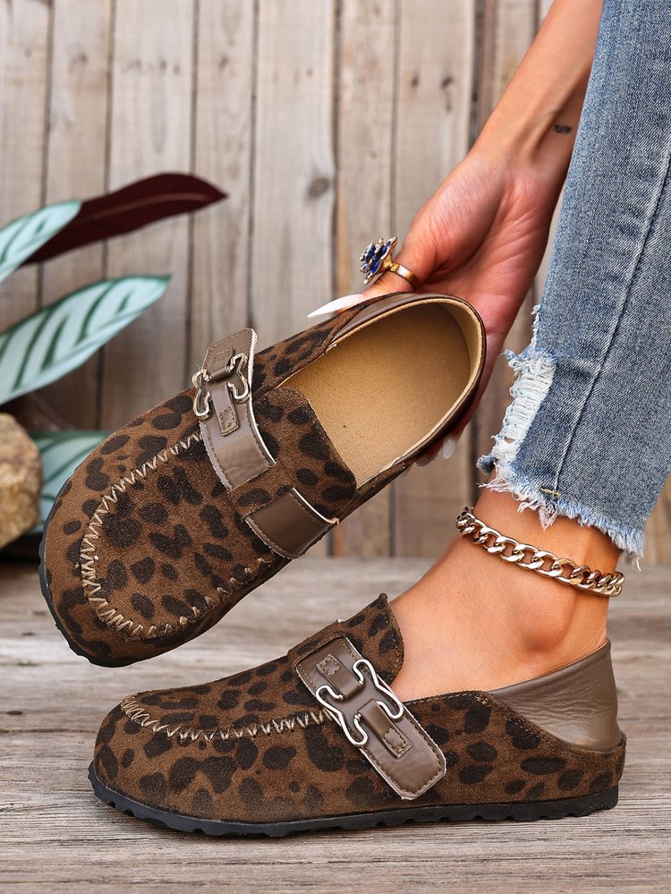 Damen Mokassin-Slipper aus Veloursleder mit dekorativer Metall-Schnalle Drune
