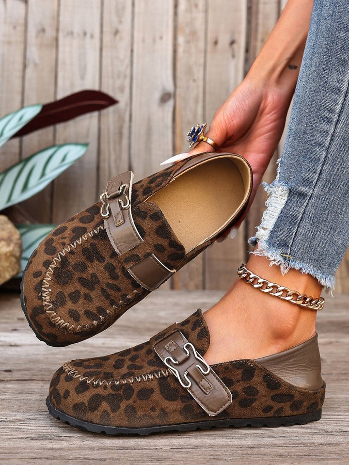 Damen Mokassin-Slipper aus Veloursleder mit dekorativer Metall-Schnalle Drune