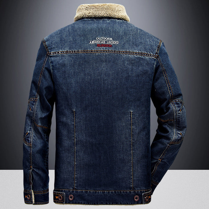Herren Jeansjacke im Worker‑Look mit Stehkragen, Brustpattentaschen und Ziernähten Drune