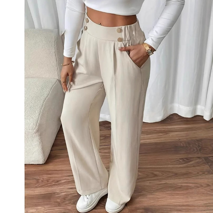 Damen Klassische weite Hose mit Knopfleiste und Taschen Drune
