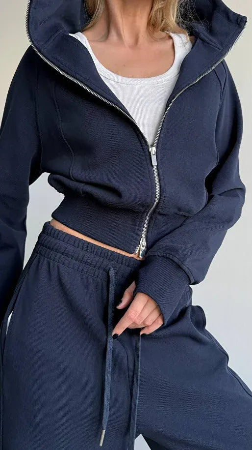 Damen sportliches Loungewear-Set mit hohem Kragen und elastischem Bund Drune