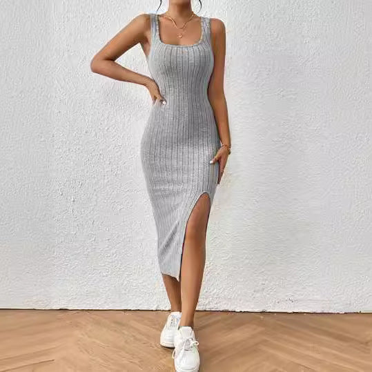 Damen figurbetontes Maxikleid mit hohem Schlitz und dekorativem Rippenmuster Drune