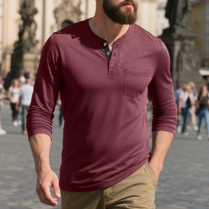 Herren nan schmal geschnittenes Henleyshirt mit Brusttasche und kontrastierender Knopfleiste Drune