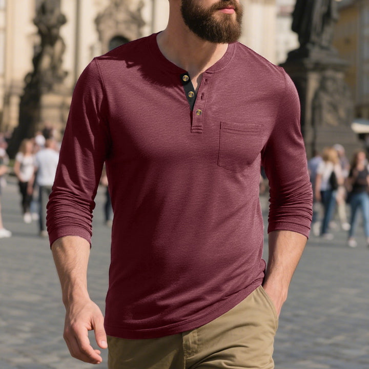 Herren nan schmal geschnittenes Henleyshirt mit Brusttasche und kontrastierender Knopfleiste Drune