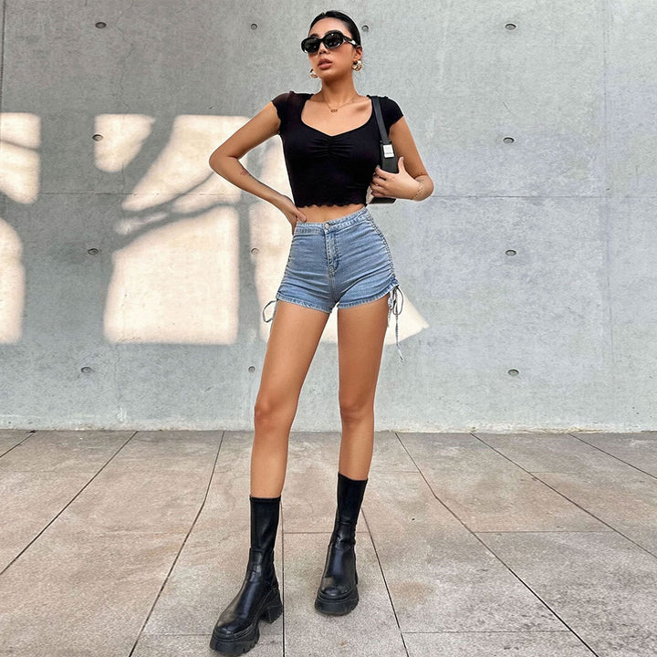 Damen cropped Oberteil mit elastischer Raffung und modischem V-Ausschnitt Drune