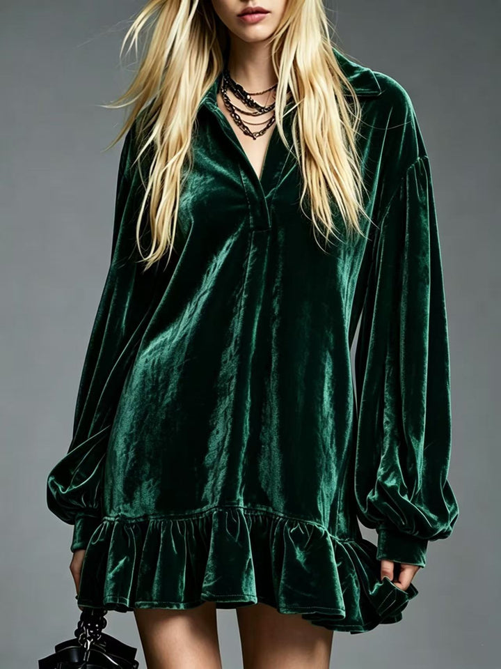 Damen Samt-Minikleid mit Volant-Saum, Ballonärmeln und Hemdkragen Drune