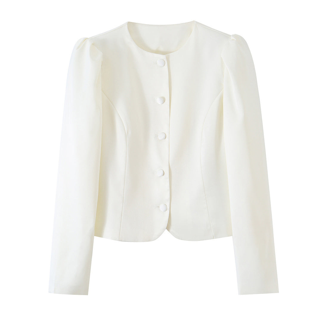 Damen Taillierte Blusenjacke mit Rundhalsausschnitt, Puffschultern und verdeckter Knopfleiste Drune