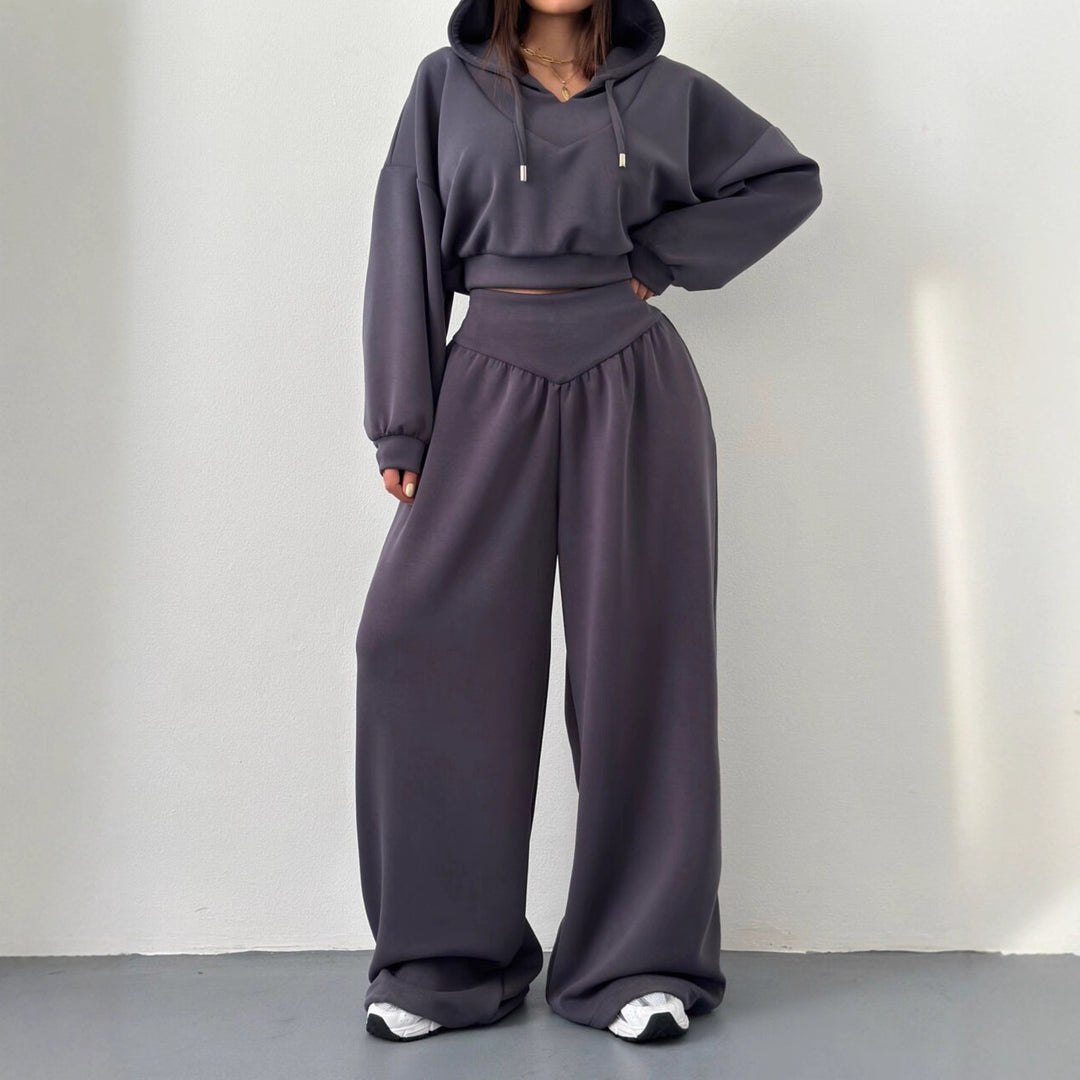 Damen nan luxuriöses Freizeitset Kapuzenpullover mit V-Ausschnittdetail und Culotte mit hoher Taille Drune