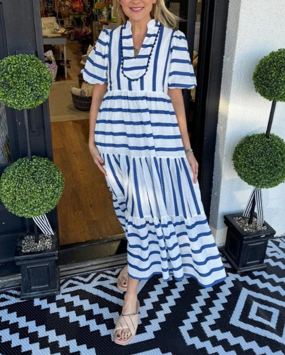 Damen Gestreiftes Maxi-Kleid mit Stufenrock, Rüschenblende und Puffärmeln Drune