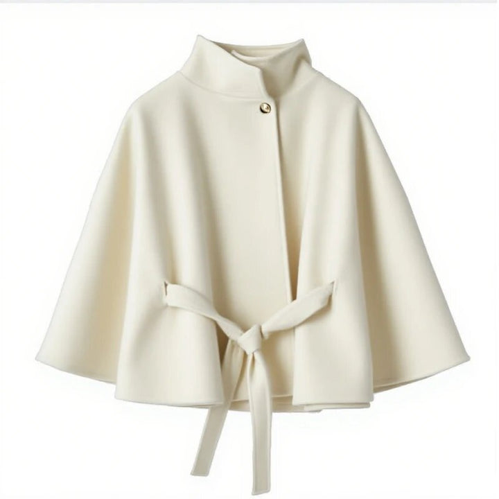 Damen elegante Umhangjacke mit Bindegürtel und hochgeschlossenem Kragen Drune