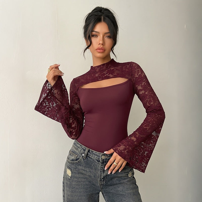 Damen Spitzen-Bodysuit mit Cut-Out, Carmen‑Optik und ausgestellten Trompetenärmeln Drune