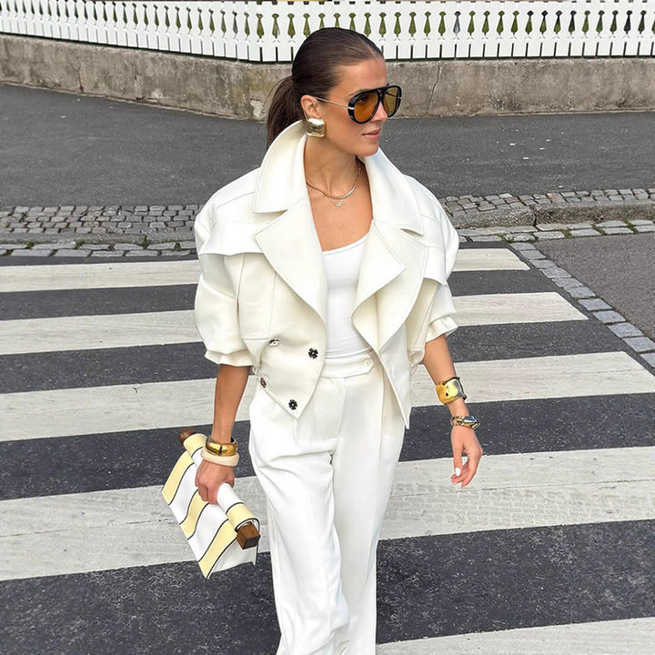 Damen Oversize-Boxy-Blouson mit voluminösen Ärmeln und hochgeschnittener Bundfaltenhose Drune
